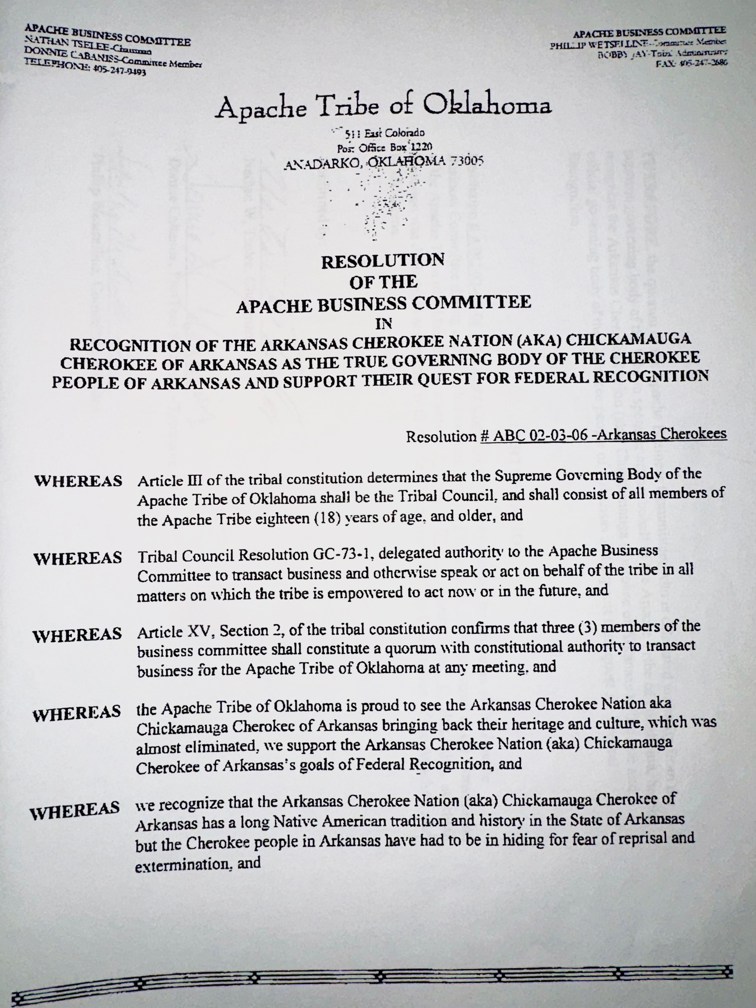 Apache Tribe of Oklahoma — Resolution