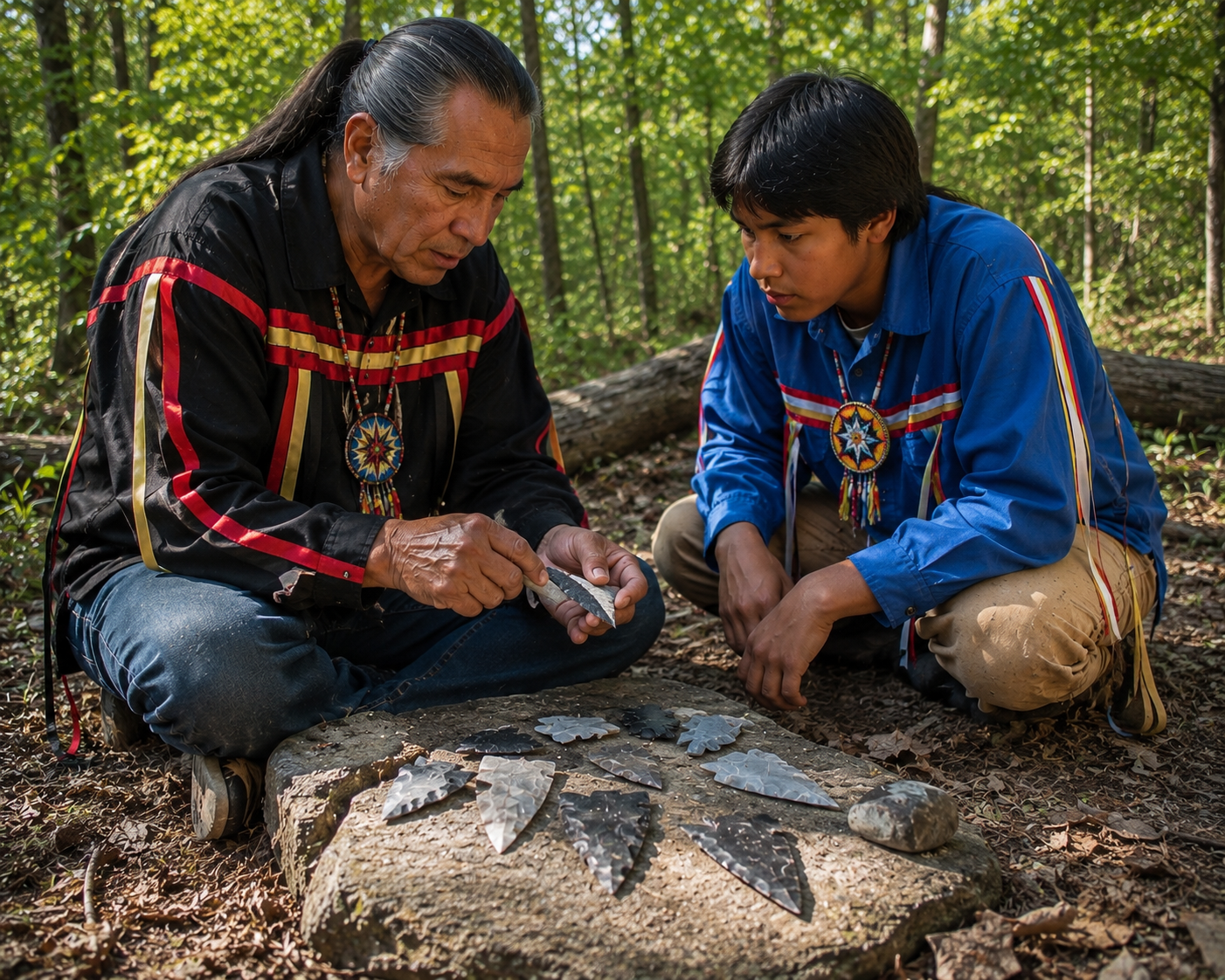 Cherokee elder teaching traditional flint knapping to a young tribal member