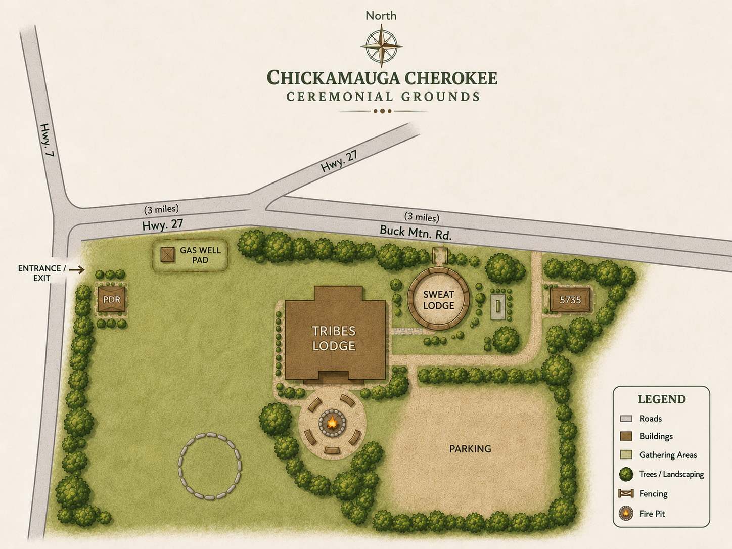 Chickamauga Cherokee Ceremonial Grounds map — Tribes Lodge, Sweat Lodge, Fire Pit, Parking, Hwy 27 and Buck Mtn. Rd., Dover, Arkansas