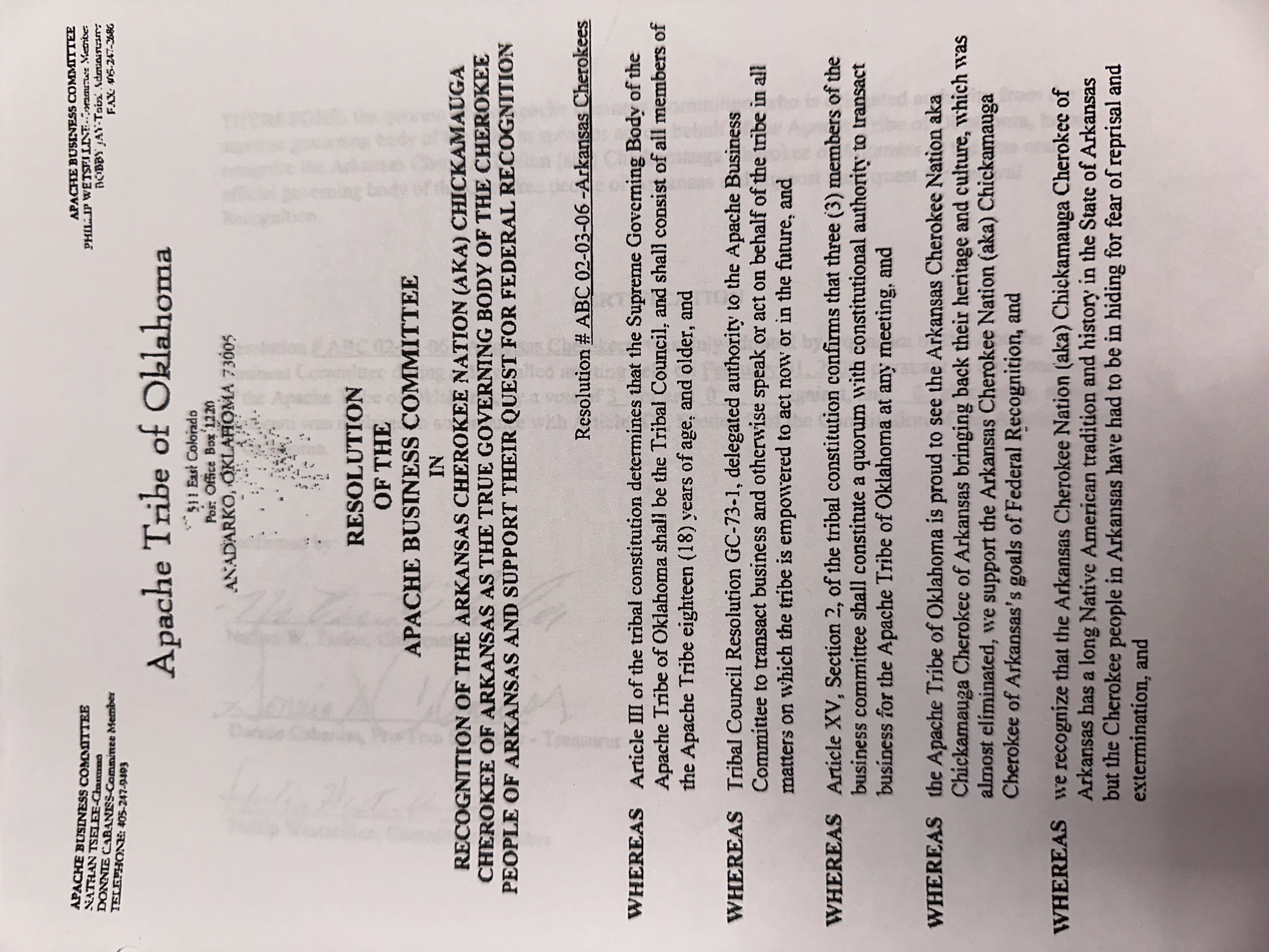 Resolution — Apache Tribe of Oklahoma (Page 1)