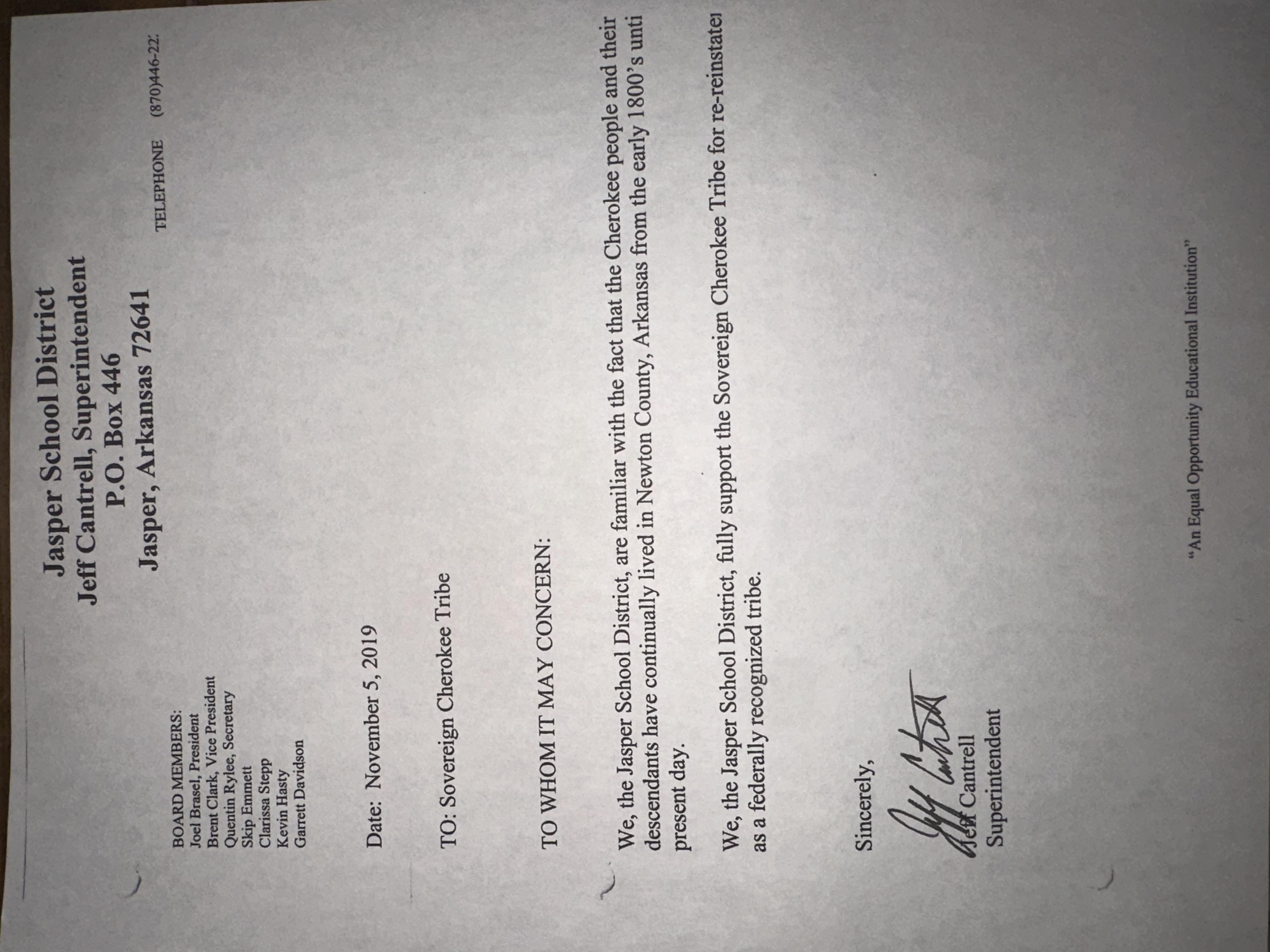 Letter of Support — Jasper School District (2019)
